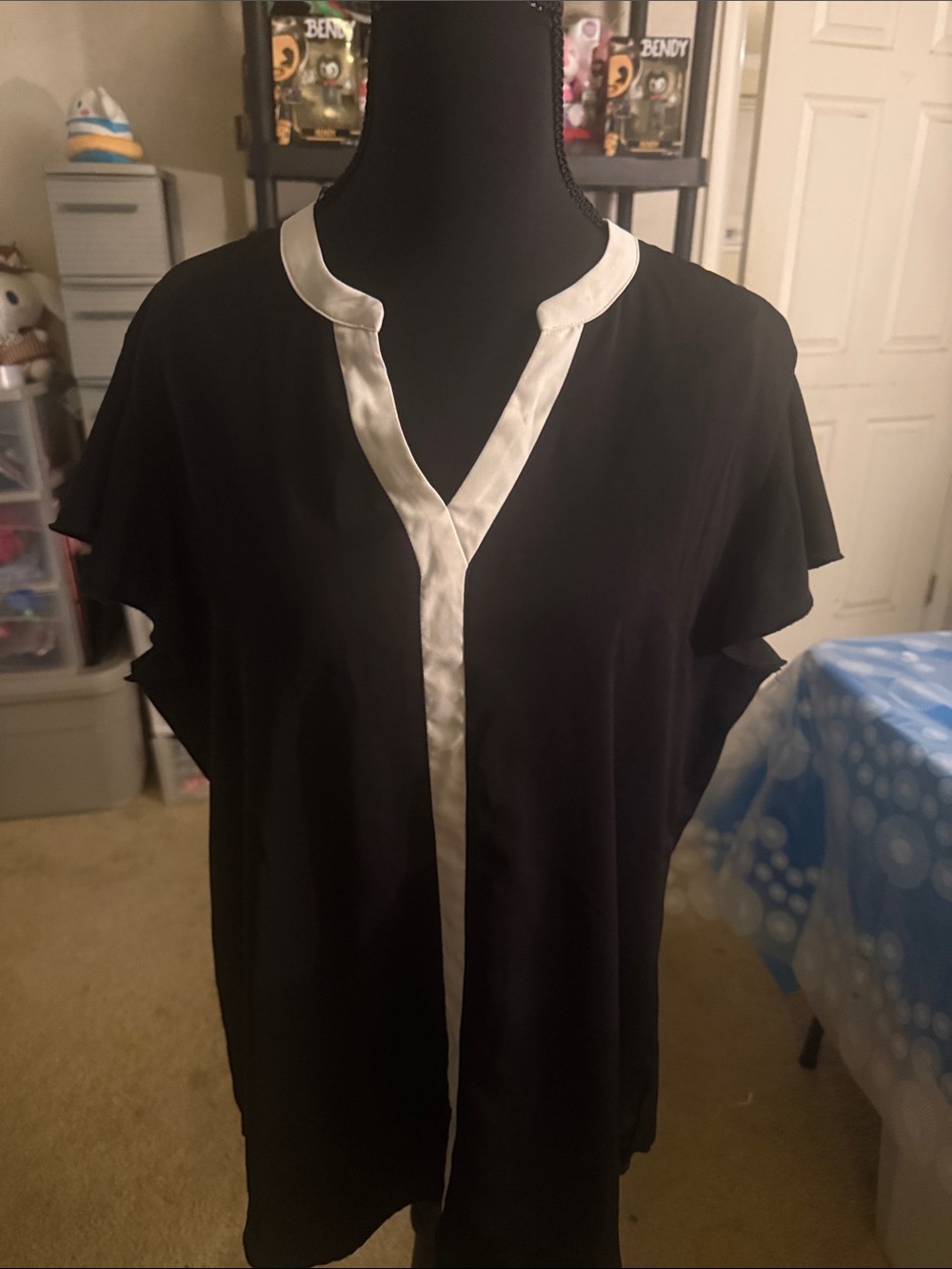 Satin-Trim Black Women's Blouse with Split V-Neck